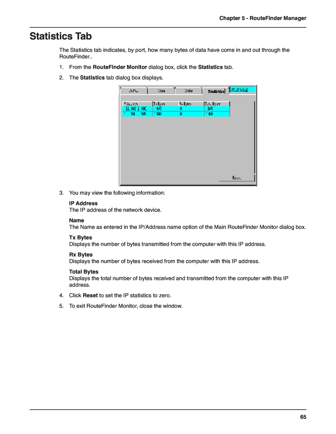 Multi-Tech Systems RF802EW manual Statistics Tab, Name, Tx Bytes, Rx Bytes, Total Bytes, RouteFinder Manager, IP Address 