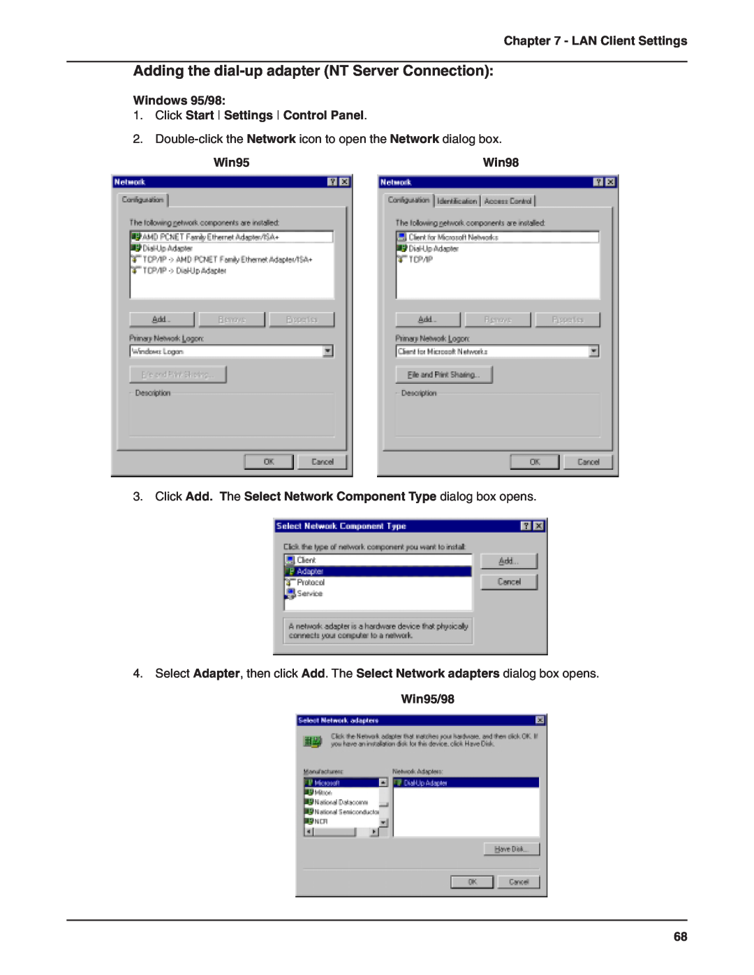 Multi-Tech Systems RF802EW manual Adding the dial-up adapter NT Server Connection, Win98, Win95/98, LAN Client Settings 