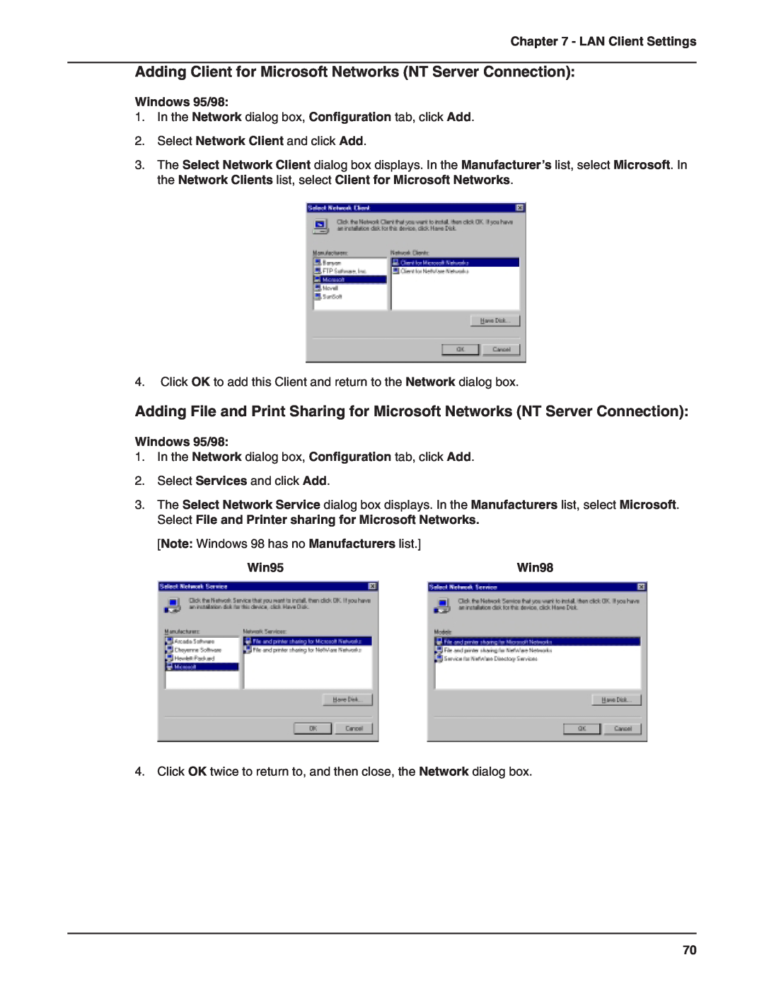 Multi-Tech Systems RF802EW Adding Client for Microsoft Networks NT Server Connection, Windows 95/98, LAN Client Settings 