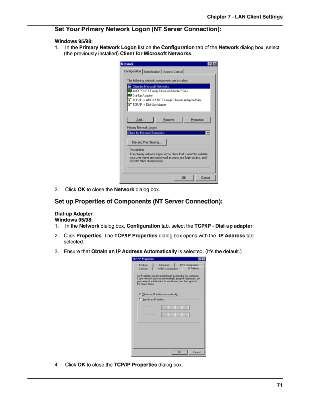 Multi-Tech Systems RF802EW manual Set Your Primary Network Logon NT Server Connection, Dial-up Adapter Windows 95/98 