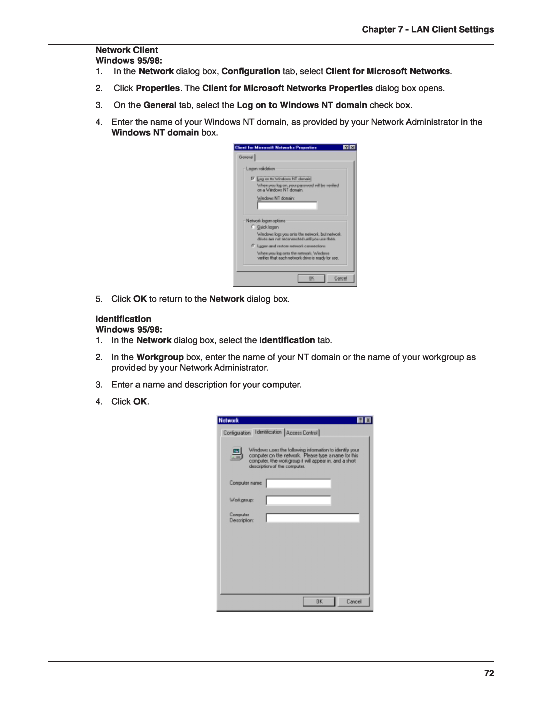 Multi-Tech Systems RF802EW manual LAN Client Settings Network Client Windows 95/98, Identification Windows 95/98 
