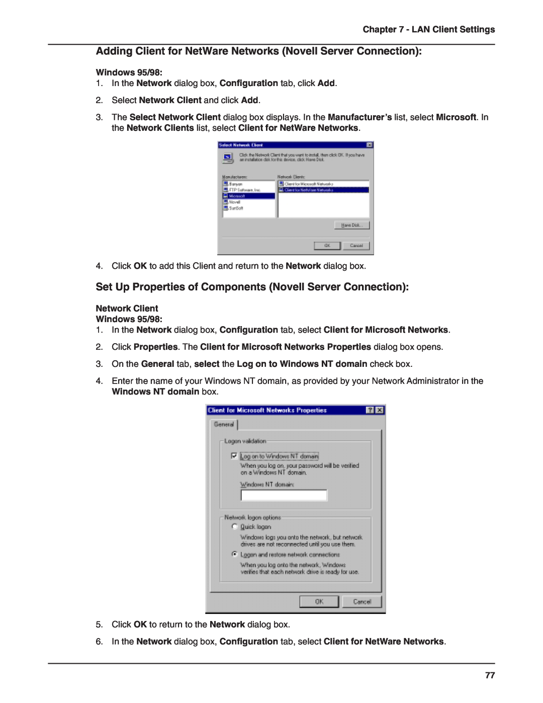 Multi-Tech Systems RF802EW manual Adding Client for NetWare Networks Novell Server Connection, Network Client Windows 95/98 