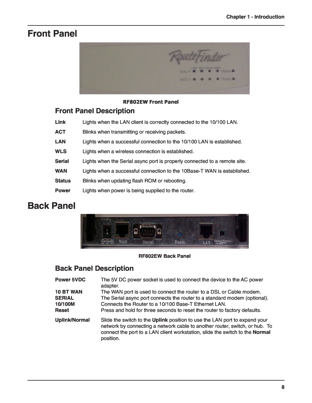 Multi-Tech Systems Front Panel Description, Back Panel Description, RF802EW Front Panel, RF802EW Back Panel 