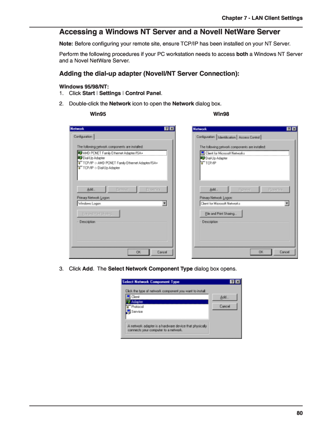 Multi-Tech Systems RF802EW Accessing a Windows NT Server and a Novell NetWare Server, LAN Client Settings, Win95, Win98 
