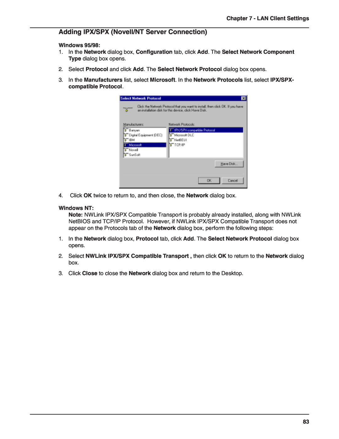 Multi-Tech Systems RF802EW Adding IPX/SPX Novell/NT Server Connection, LAN Client Settings, Windows 95/98, Windows NT 