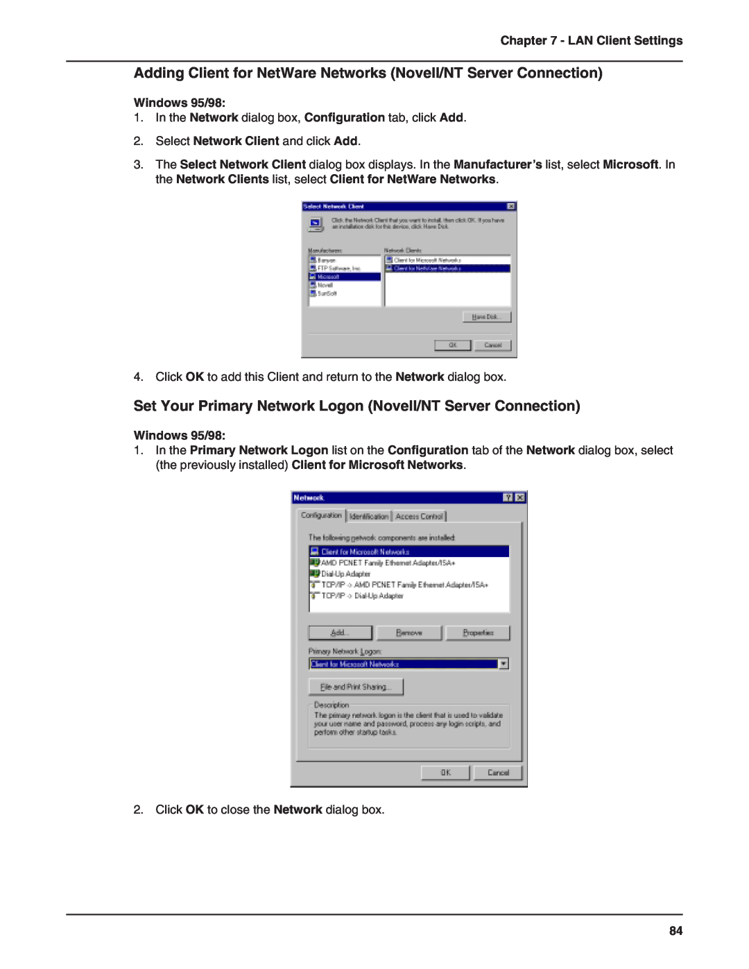 Multi-Tech Systems RF802EW manual Adding Client for NetWare Networks Novell/NT Server Connection, LAN Client Settings 