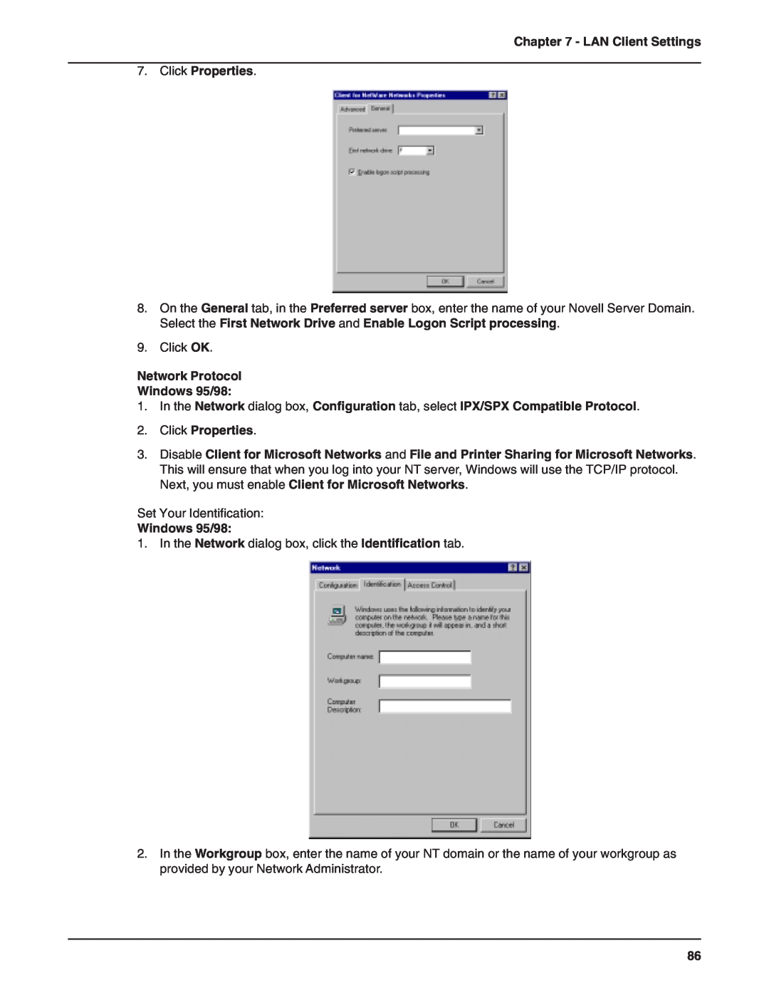 Multi-Tech Systems RF802EW manual Network Protocol Windows 95/98, LAN Client Settings 7. Click Properties 