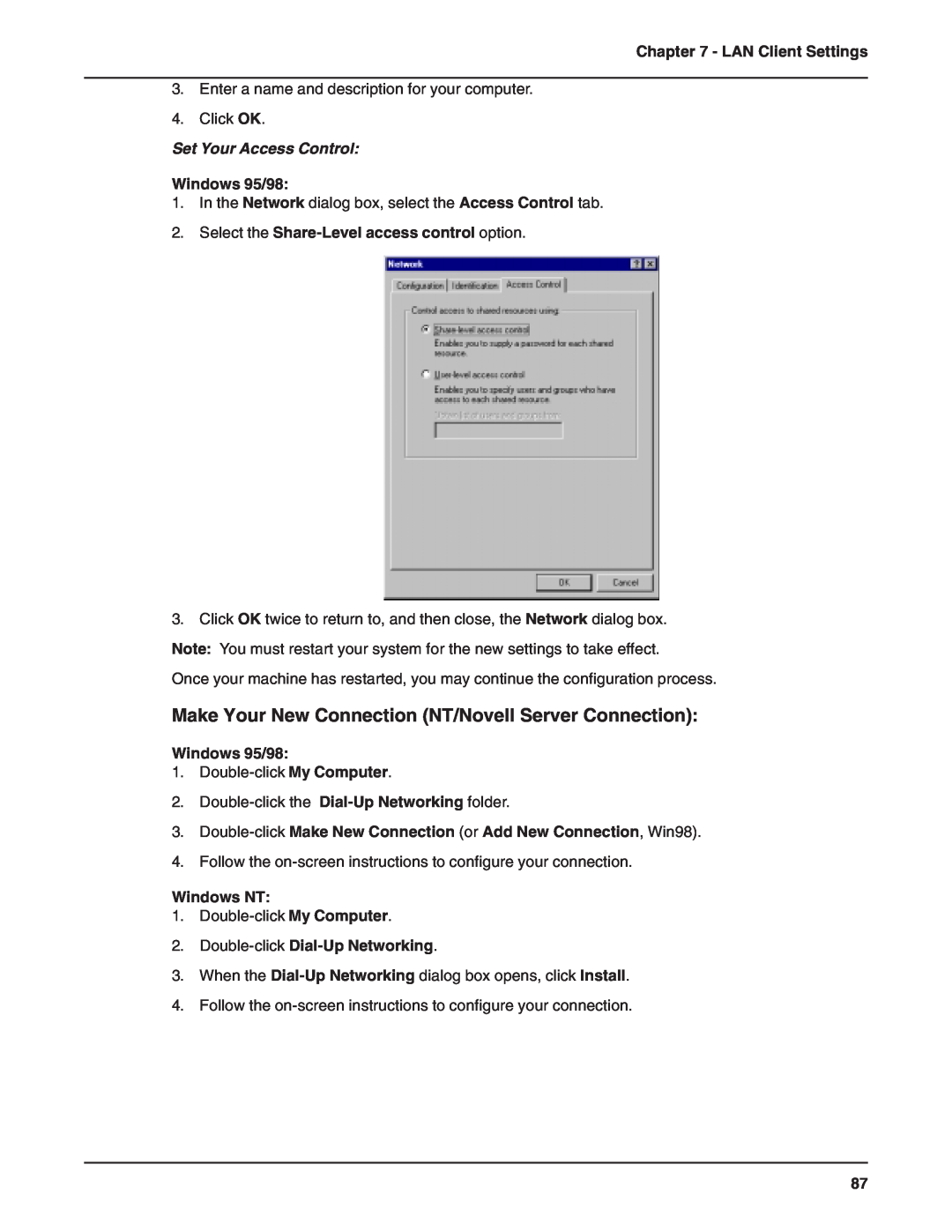 Multi-Tech Systems RF802EW Make Your New Connection NT/Novell Server Connection, Set Your Access Control, Windows 95/98 