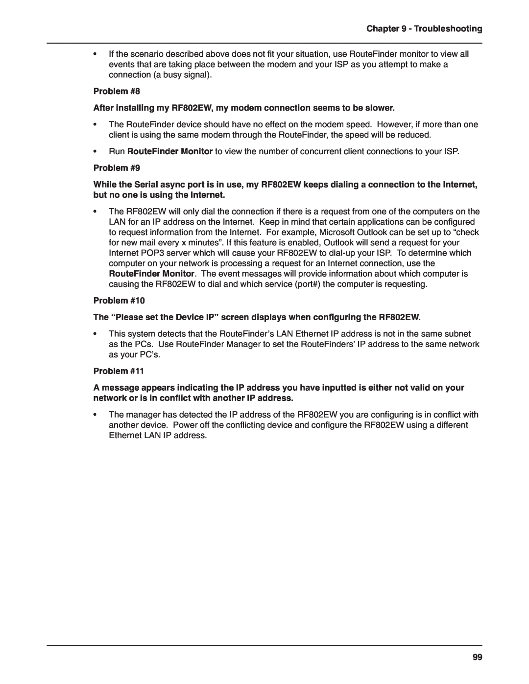 Multi-Tech Systems manual Problem #8, After installing my RF802EW, my modem connection seems to be slower, Problem #9 