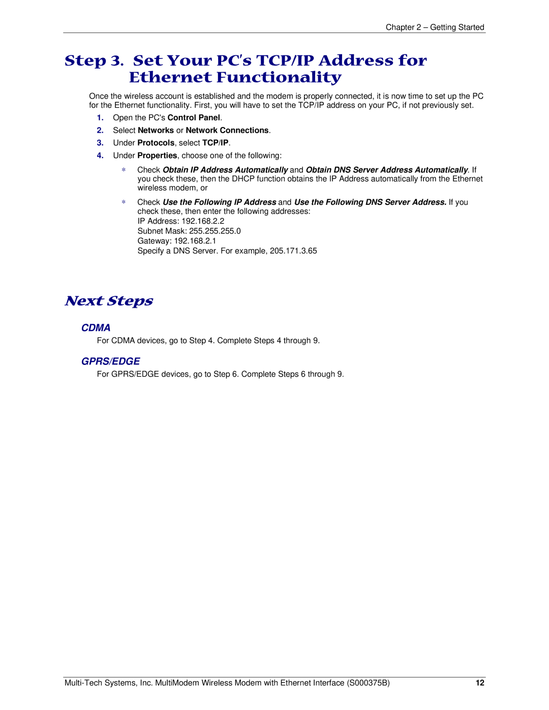 Multi-Tech Systems RJ-9, RJ-45 manual Set Your PC’s TCP/IP Address for Ethernet Functionality, Next Steps 