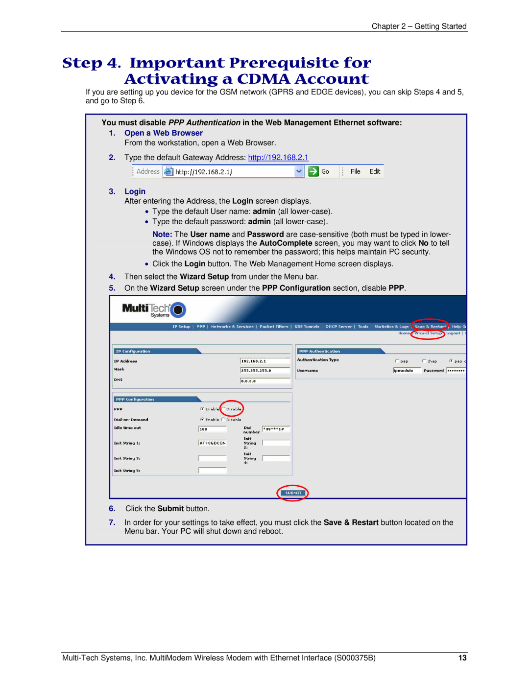 Multi-Tech Systems RJ-45, RJ-9 manual Important Prerequisite for Activating a Cdma Account, Open a Web Browser, Login 