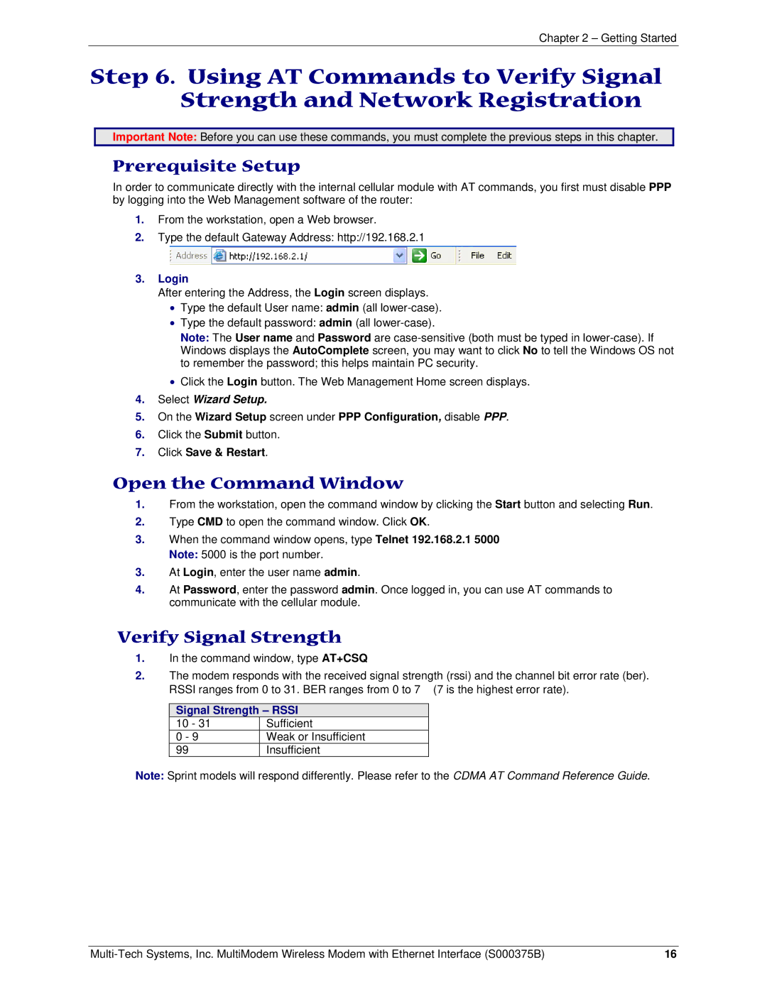 Multi-Tech Systems RJ-9, RJ-45 Prerequisite Setup, Open the Command Window, Verify Signal Strength, Signal Strength Rssi 