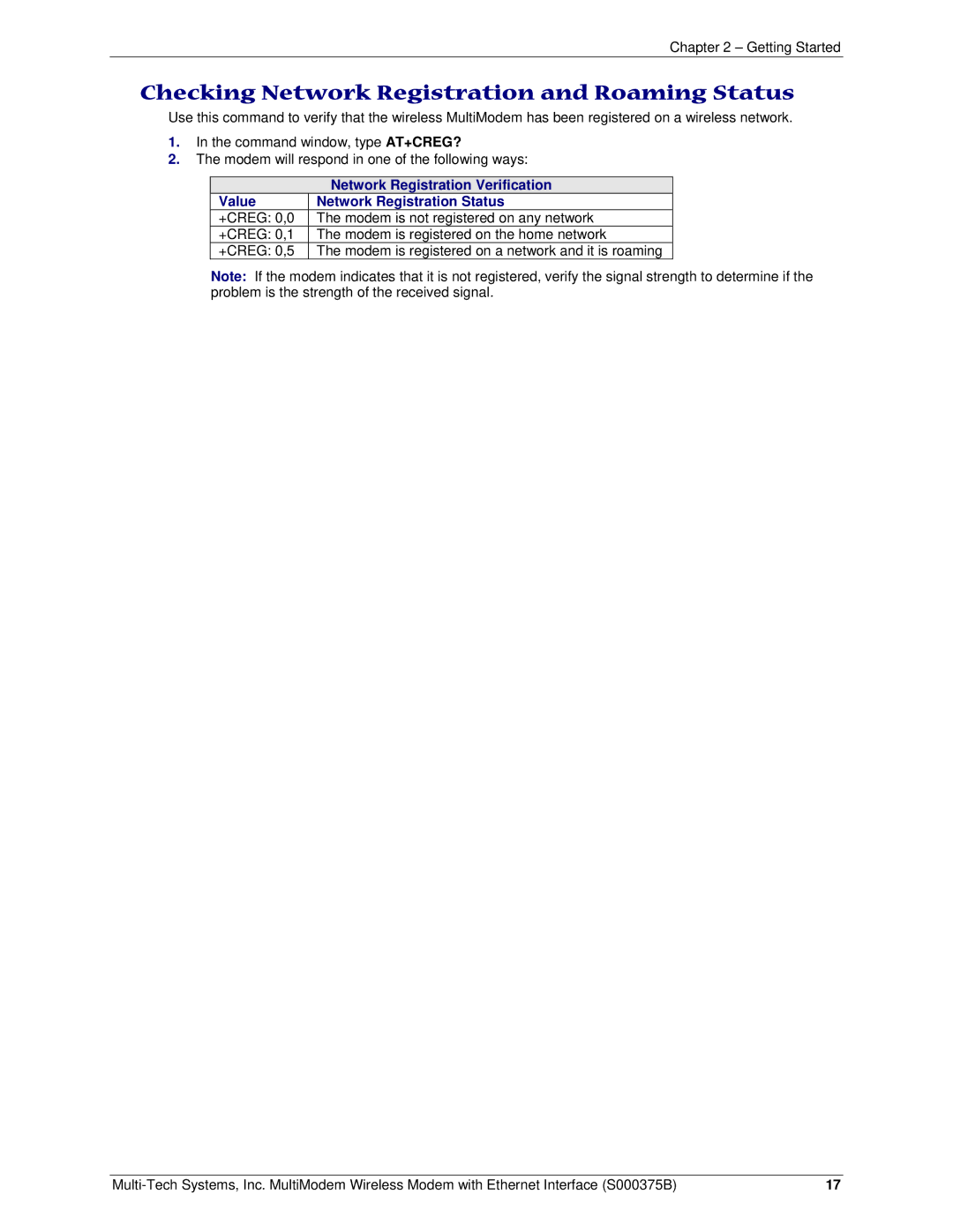 Multi-Tech Systems RJ-45, RJ-9 manual Checking Network Registration and Roaming Status 