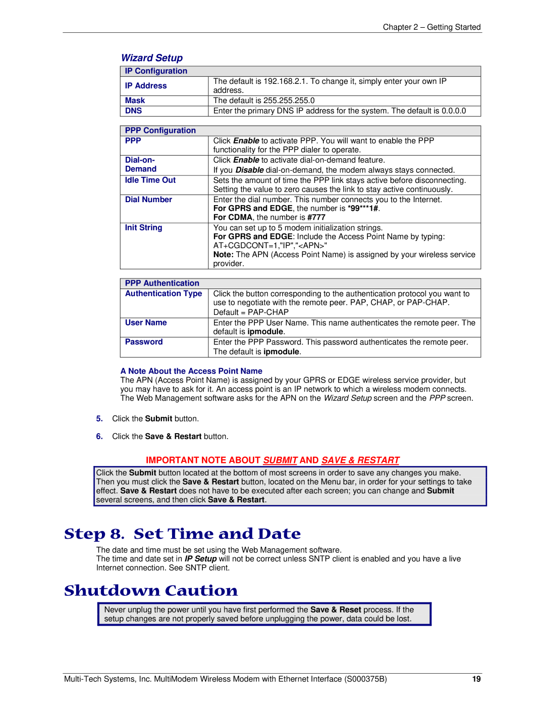 Multi-Tech Systems RJ-45, RJ-9 manual Set Time and Date, Shutdown Caution 