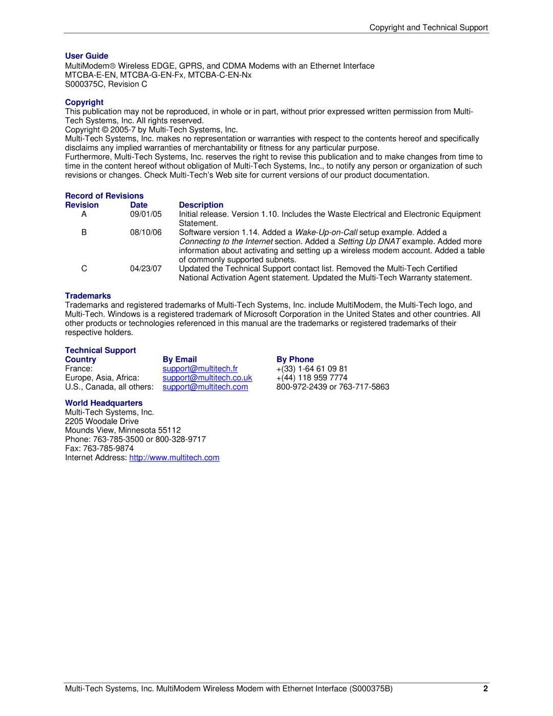 Multi-Tech Systems RJ-9, RJ-45 manual User Guide, Copyright, Record of Revisions Revision Date Description, Trademarks 