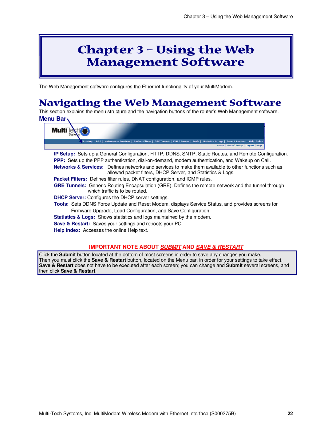 Multi-Tech Systems RJ-9, RJ-45 manual Using the Web Management Software, Navigating the Web Management Software 