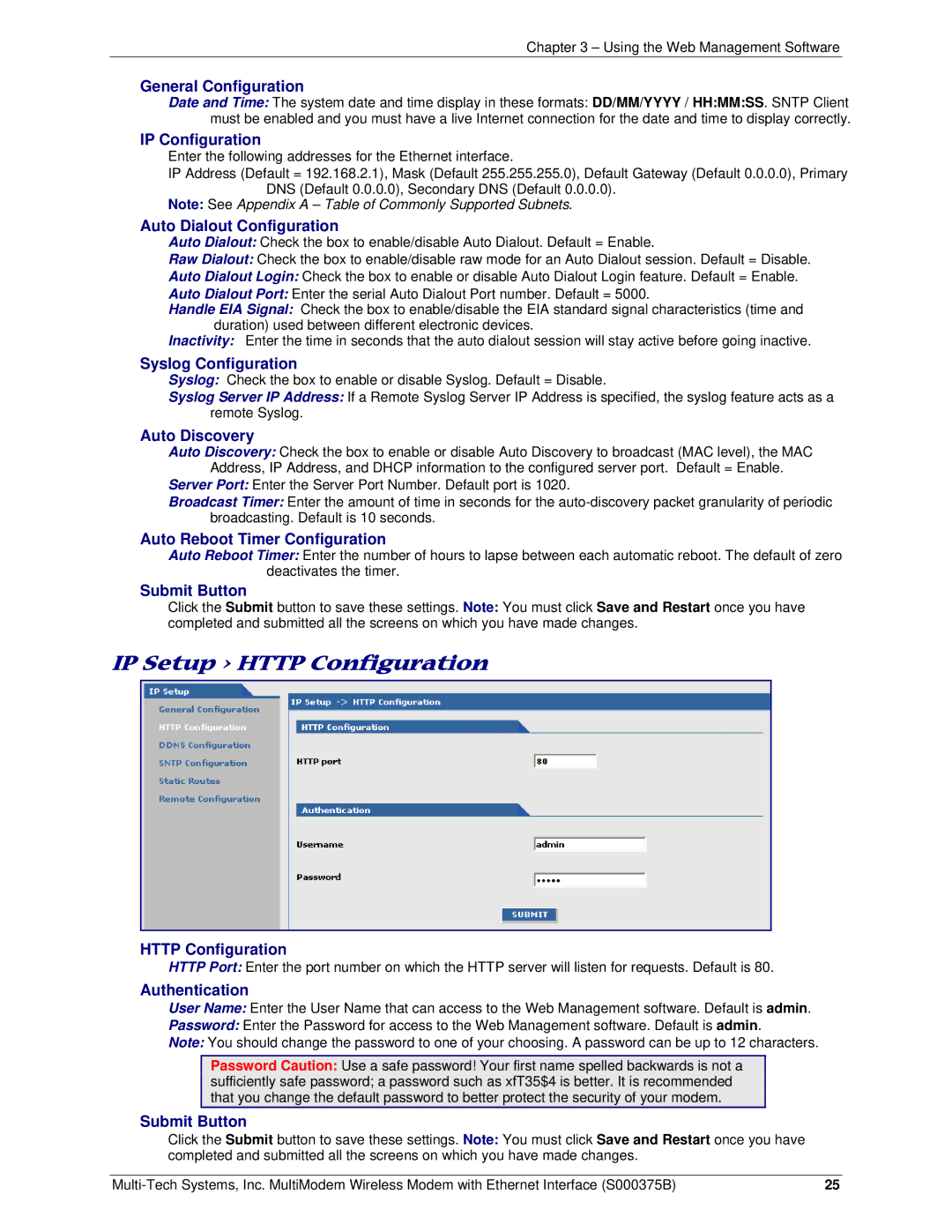 Multi-Tech Systems RJ-45, RJ-9 General Configuration, IP Configuration, Auto Dialout Configuration, Syslog Configuration 