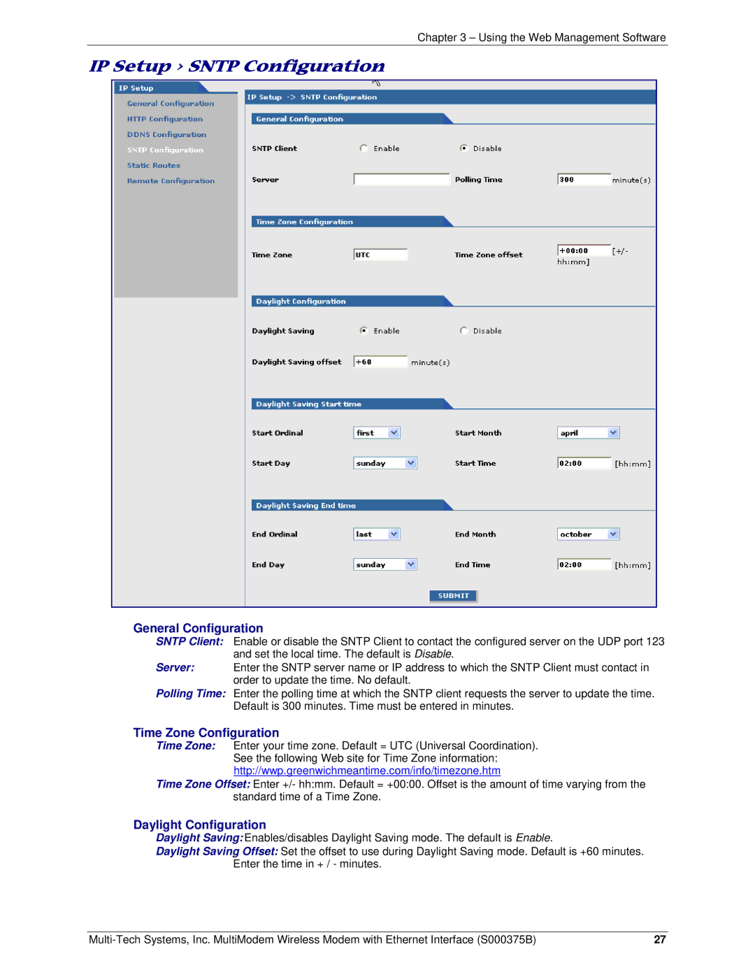 Multi-Tech Systems RJ-45, RJ-9 manual Time Zone Configuration, Daylight Configuration 