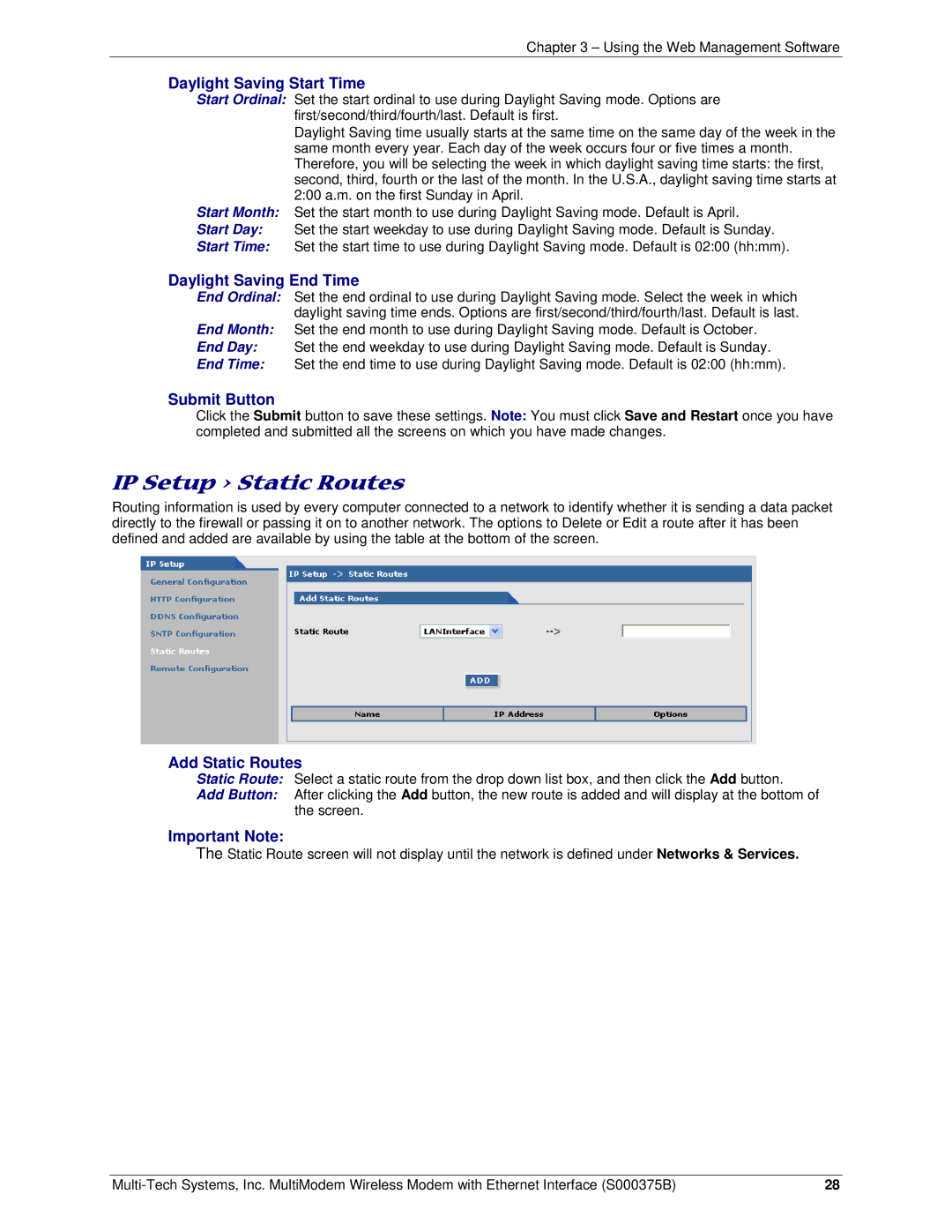 Multi-Tech Systems RJ-9, RJ-45 Daylight Saving Start Time, Daylight Saving End Time, Add Static Routes, Important Note 