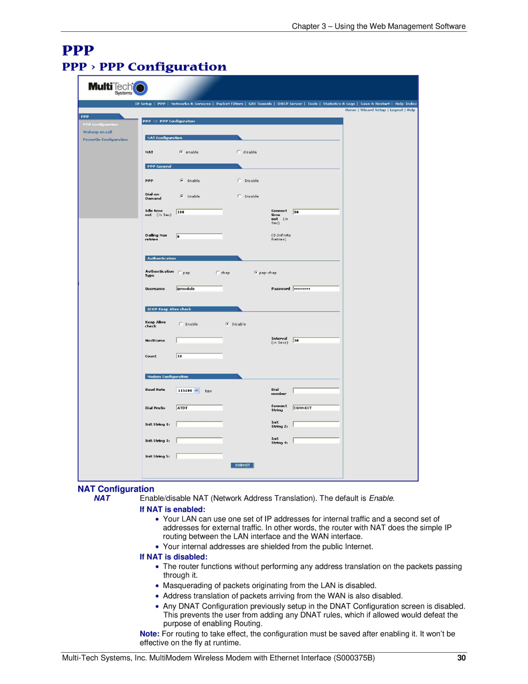 Multi-Tech Systems RJ-9, RJ-45 manual PPP PPP Configuration, NAT Configuration, If NAT is enabled, If NAT is disabled 