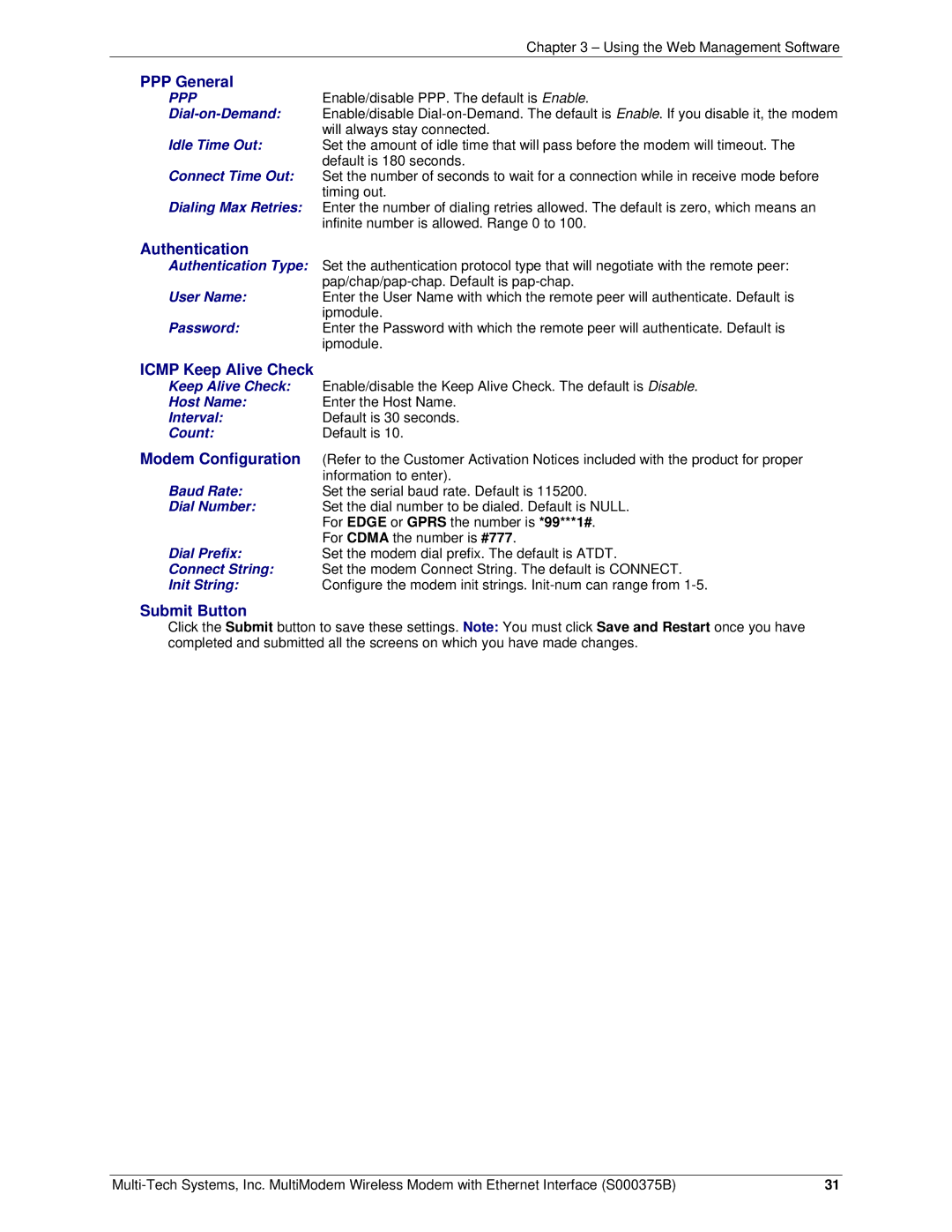 Multi-Tech Systems RJ-45, RJ-9 manual PPP General, Icmp Keep Alive Check, Modem Configuration 