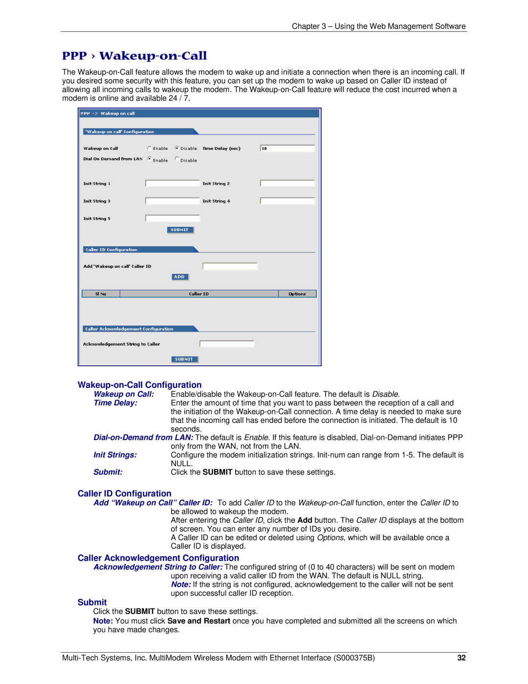 Multi-Tech Systems RJ-9, RJ-45 manual PPP Wakeup-on-Call, Wakeup-on-Call Configuration, Caller ID Configuration 