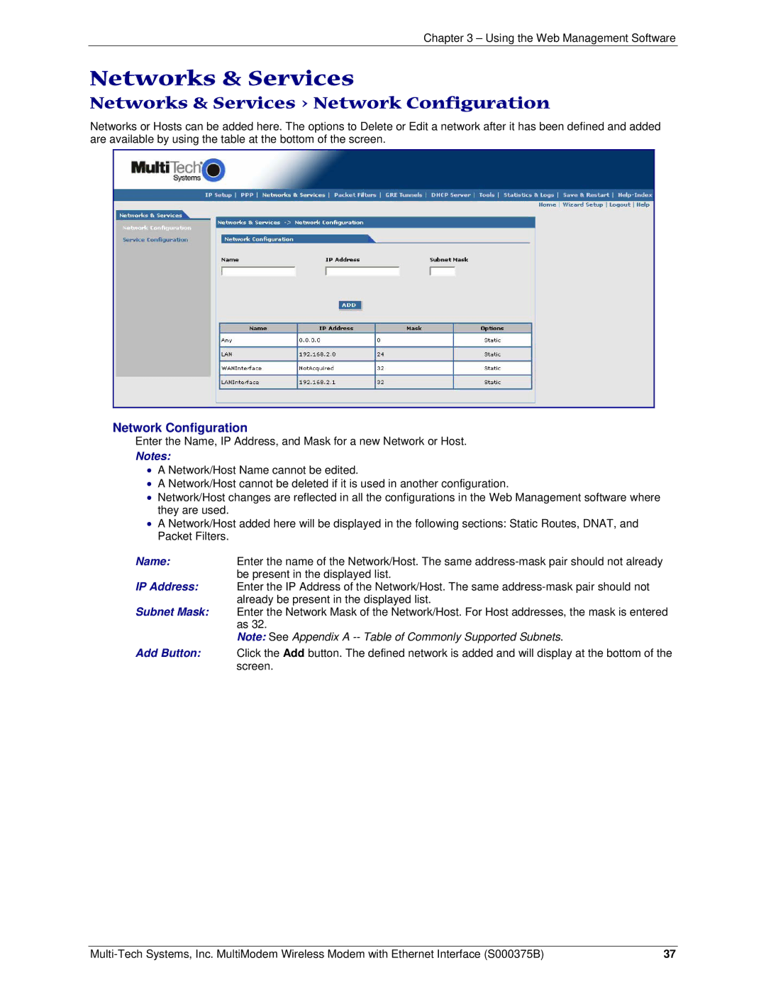 Multi-Tech Systems RJ-45, RJ-9 manual Networks & Services Network Configuration 