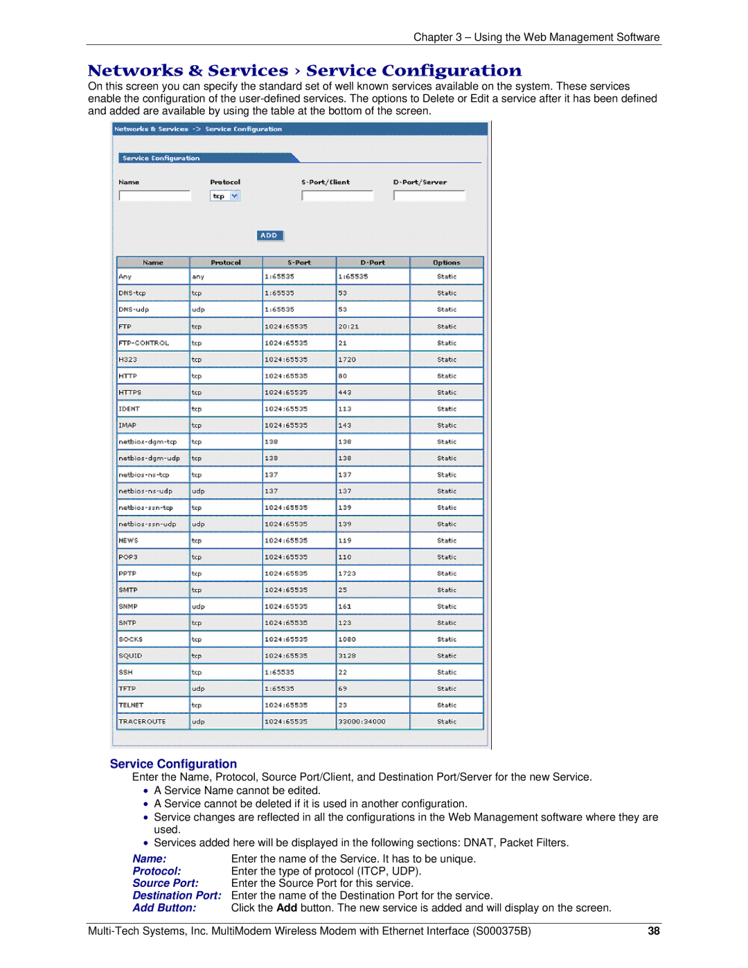 Multi-Tech Systems RJ-9, RJ-45 manual Networks & Services Service Configuration 