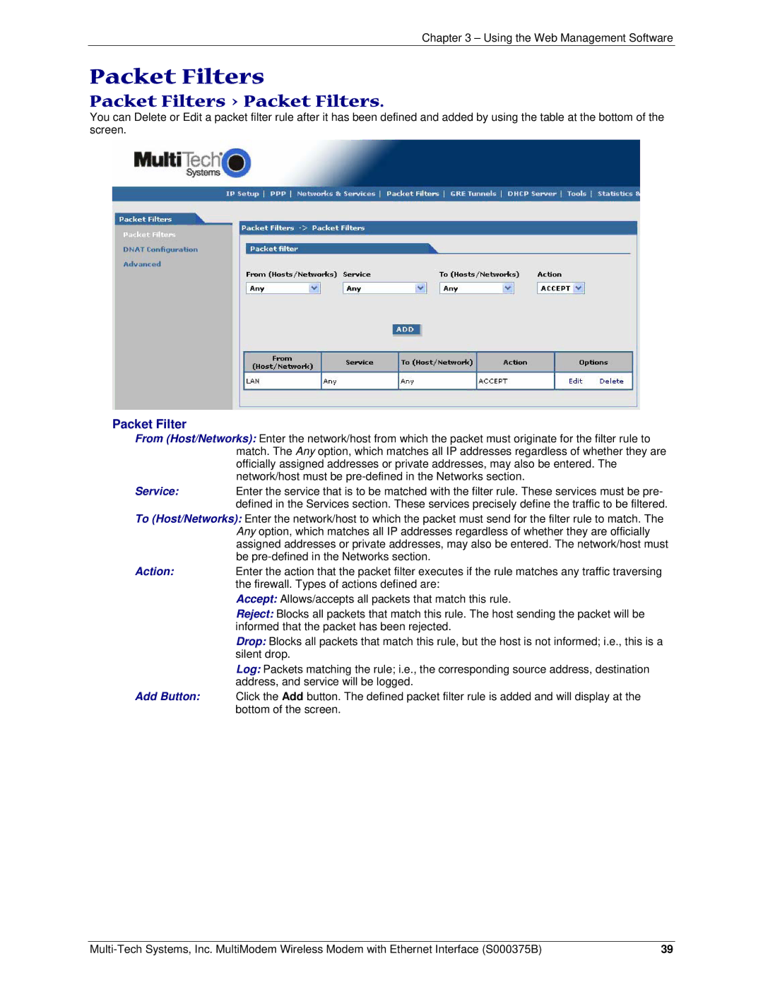 Multi-Tech Systems RJ-45, RJ-9 manual Packet Filters Packet Filters 