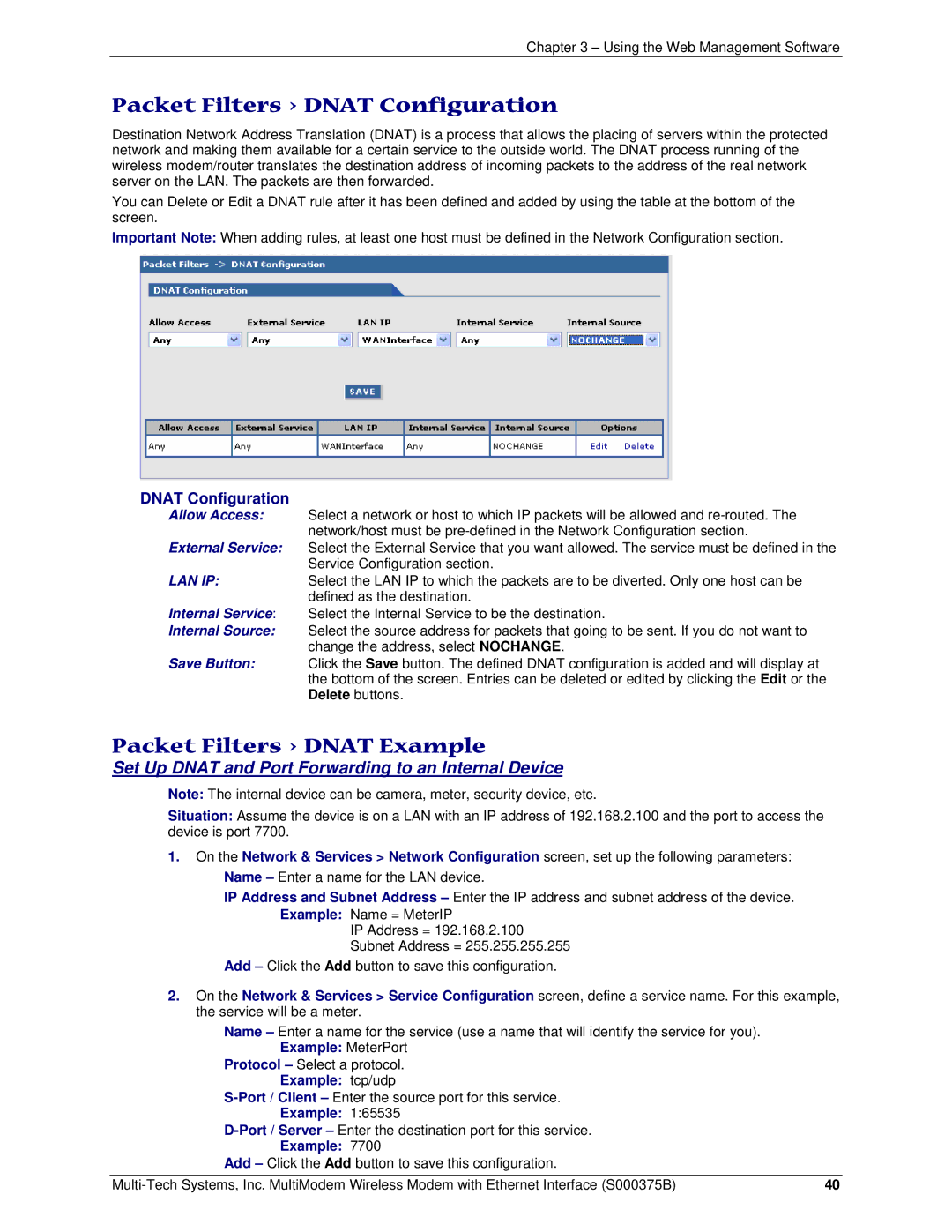 Multi-Tech Systems RJ-9, RJ-45 manual Packet Filters Dnat Configuration, Packet Filters Dnat Example 