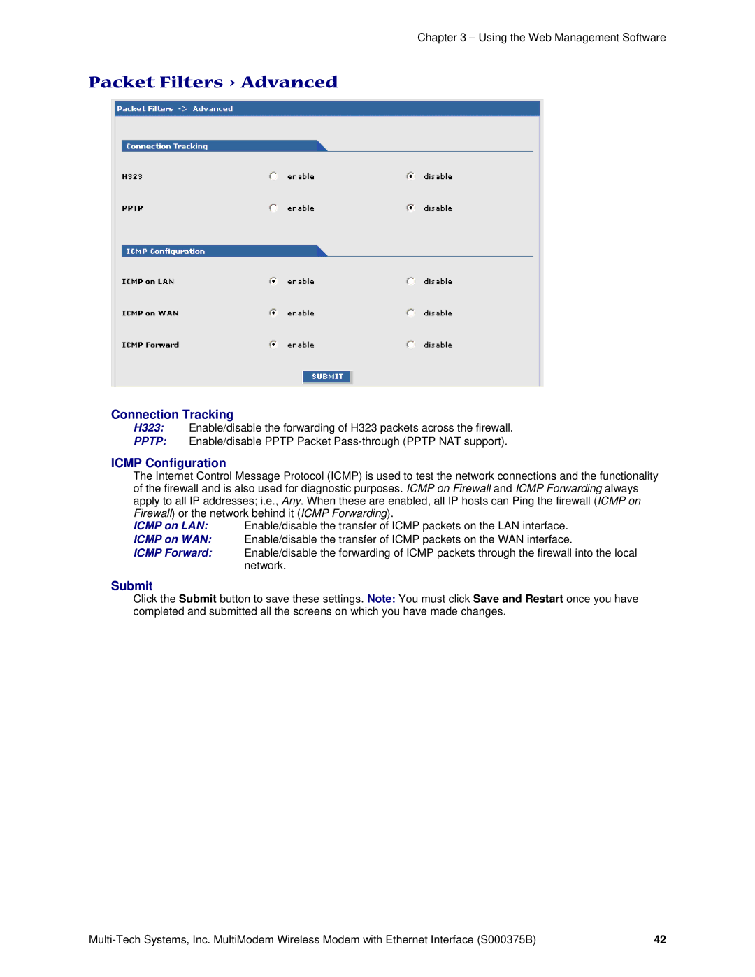 Multi-Tech Systems RJ-9, RJ-45 manual Packet Filters Advanced, Connection Tracking, Icmp Configuration 