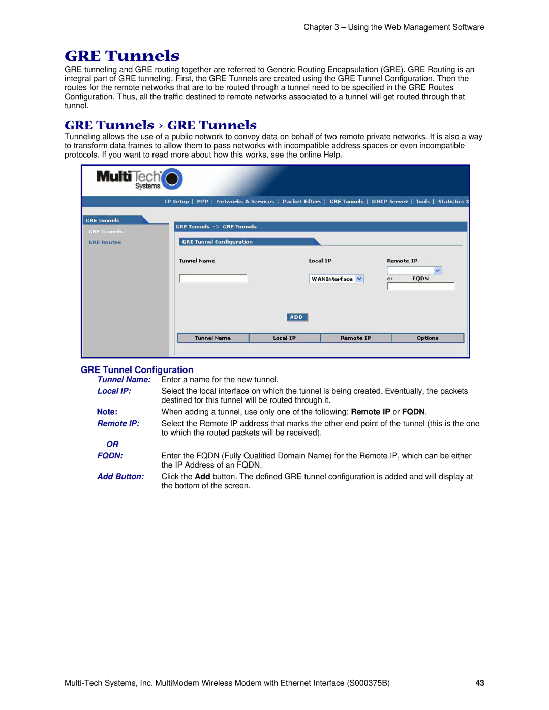 Multi-Tech Systems RJ-45, RJ-9 manual GRE Tunnels GRE Tunnels, GRE Tunnel Configuration 