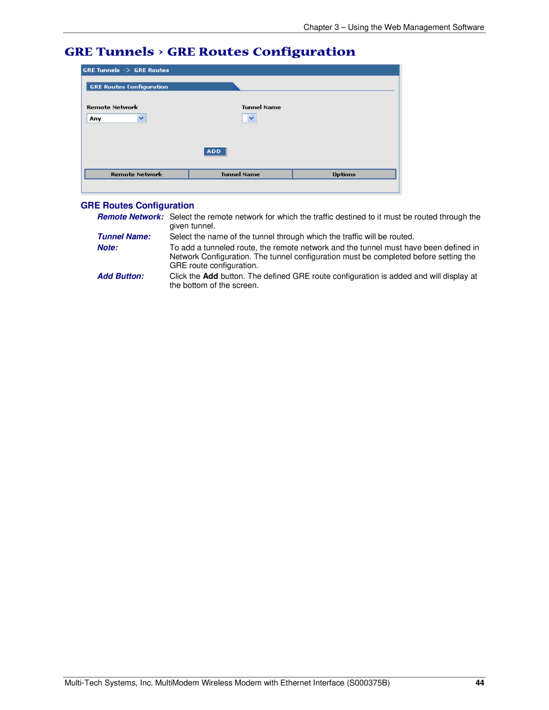 Multi-Tech Systems RJ-9, RJ-45 manual GRE Tunnels GRE Routes Configuration 