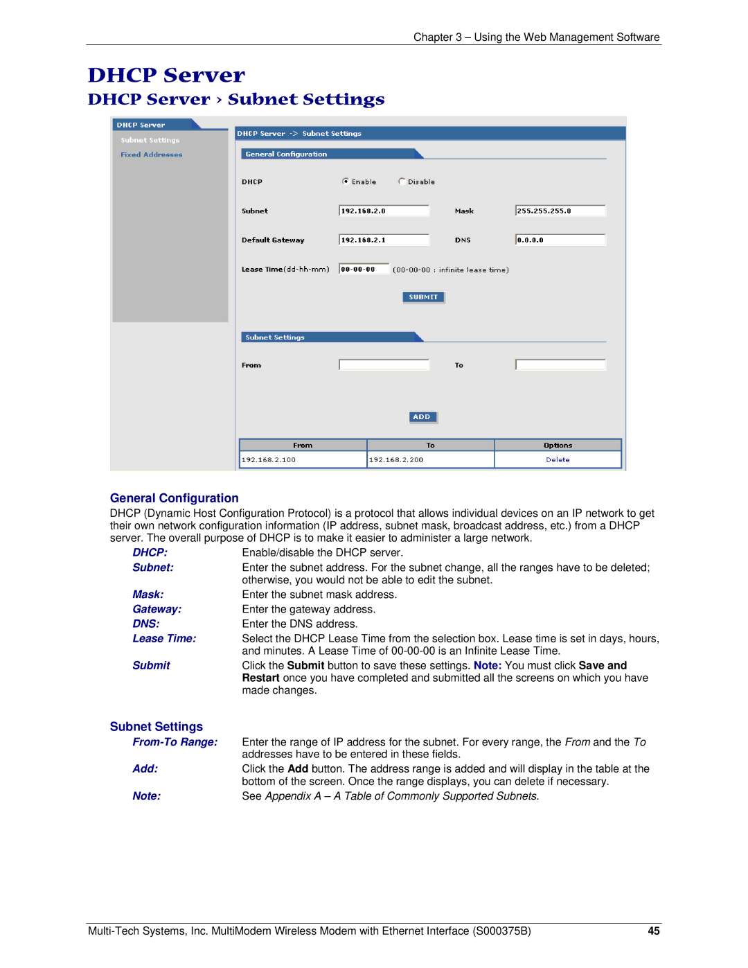 Multi-Tech Systems RJ-45, RJ-9 manual Dhcp Server Subnet Settings 