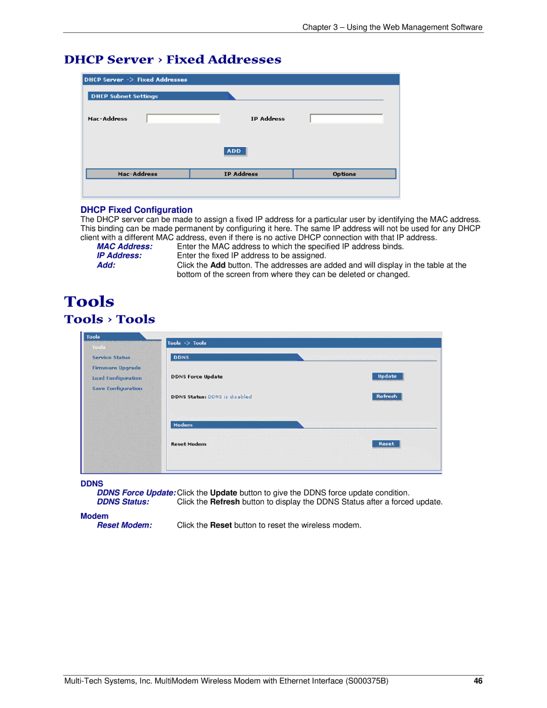 Multi-Tech Systems RJ-9, RJ-45 manual Dhcp Server Fixed Addresses, Tools Tools, Dhcp Fixed Configuration 