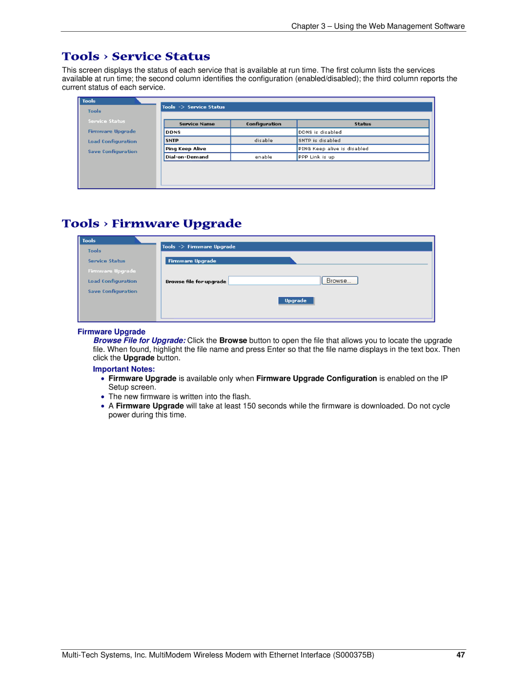 Multi-Tech Systems RJ-45, RJ-9 manual Tools Service Status, Tools Firmware Upgrade, Important Notes 