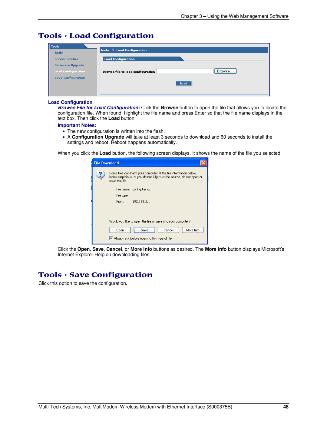 Multi-Tech Systems RJ-9, RJ-45 manual Tools Load Configuration, Tools Save Configuration 