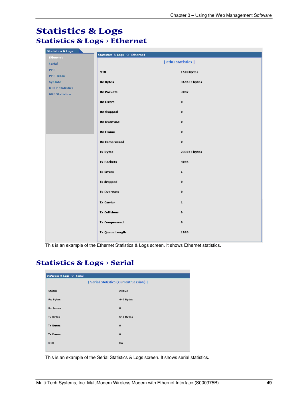 Multi-Tech Systems RJ-45, RJ-9 manual Statistics & Logs Ethernet, Statistics & Logs Serial 