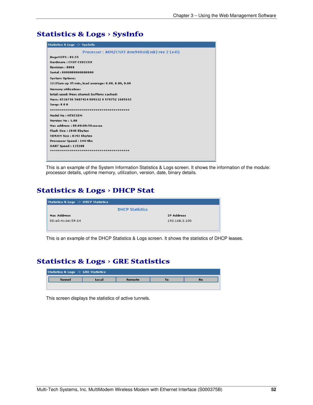 Multi-Tech Systems RJ-9, RJ-45 Statistics & Logs SysInfo, Statistics & Logs Dhcp Stat, Statistics & Logs GRE Statistics 