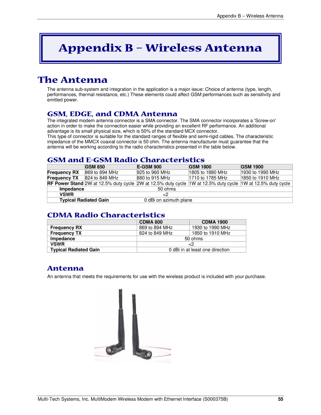 Multi-Tech Systems RJ-45, RJ-9 manual Appendix B Wireless Antenna 