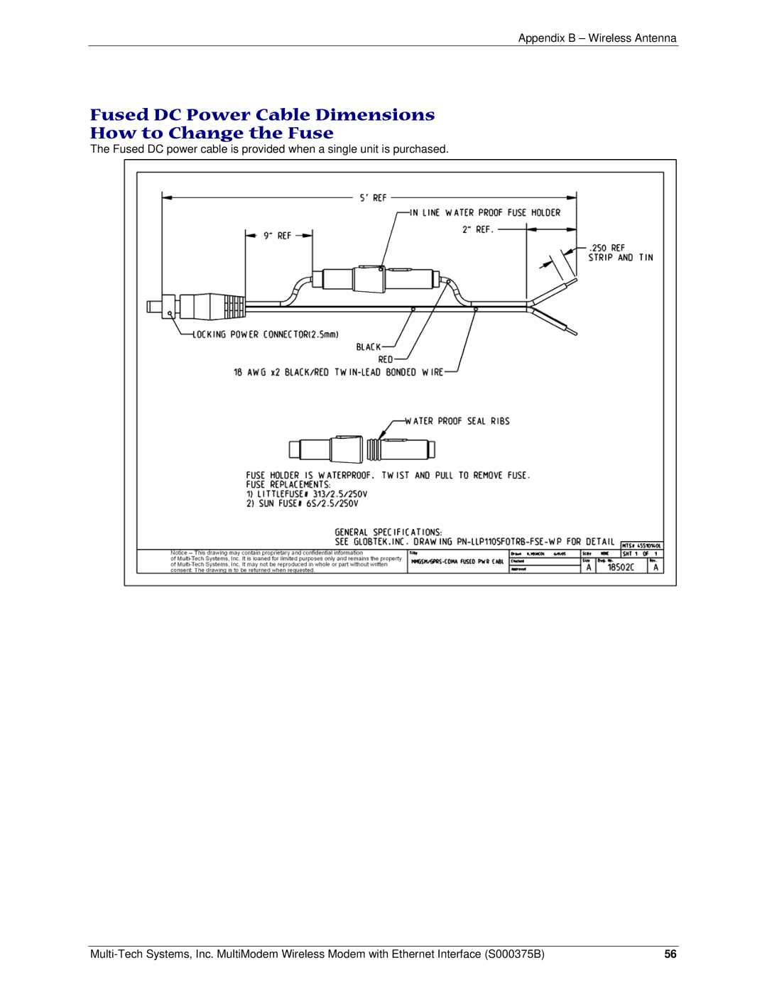 Multi-Tech Systems RJ-9, RJ-45 manual Fused DC Power Cable Dimensions How to Change the Fuse 