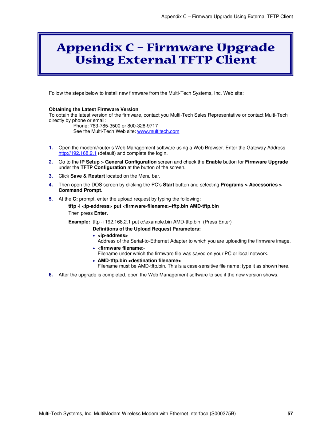 Multi-Tech Systems RJ-45 Appendix C Firmware Upgrade Using External Tftp Client, Obtaining the Latest Firmware Version 