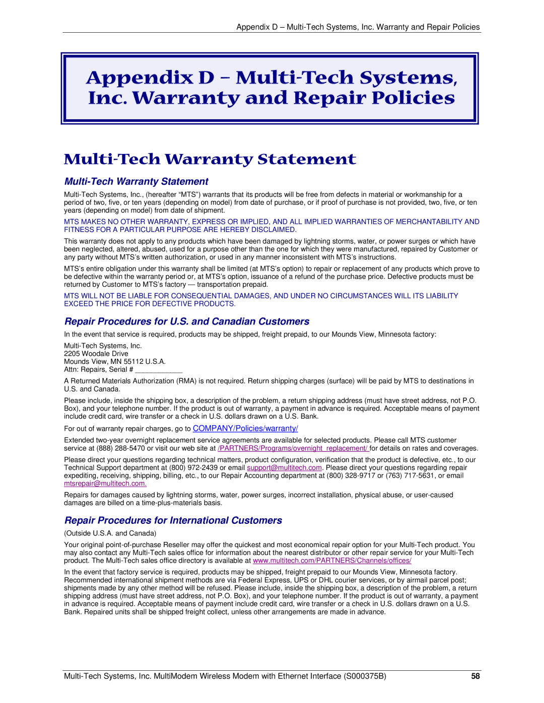 Multi-Tech Systems RJ-9, RJ-45 manual Multi-Tech Warranty Statement 