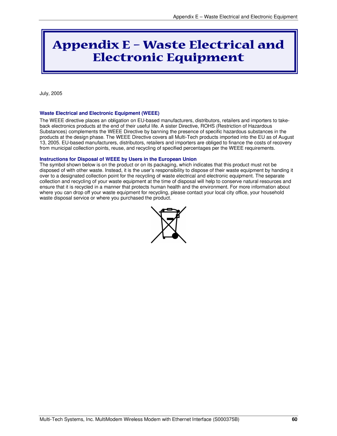 Multi-Tech Systems RJ-9 Appendix E Waste Electrical Electronic Equipment, Waste Electrical and Electronic Equipment Weee 