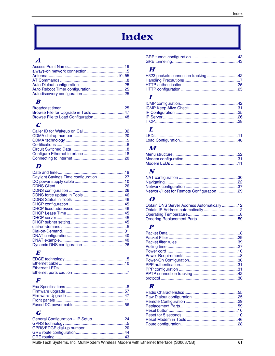 Multi-Tech Systems RJ-45, RJ-9 manual Index, Antenna 