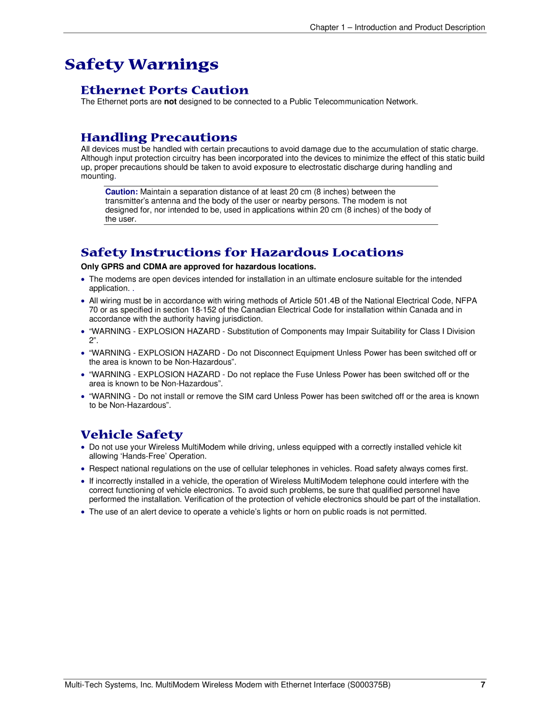 Multi-Tech Systems RJ-45, RJ-9 manual Safety Warnings, Ethernet Ports Caution, Handling Precautions, Vehicle Safety 