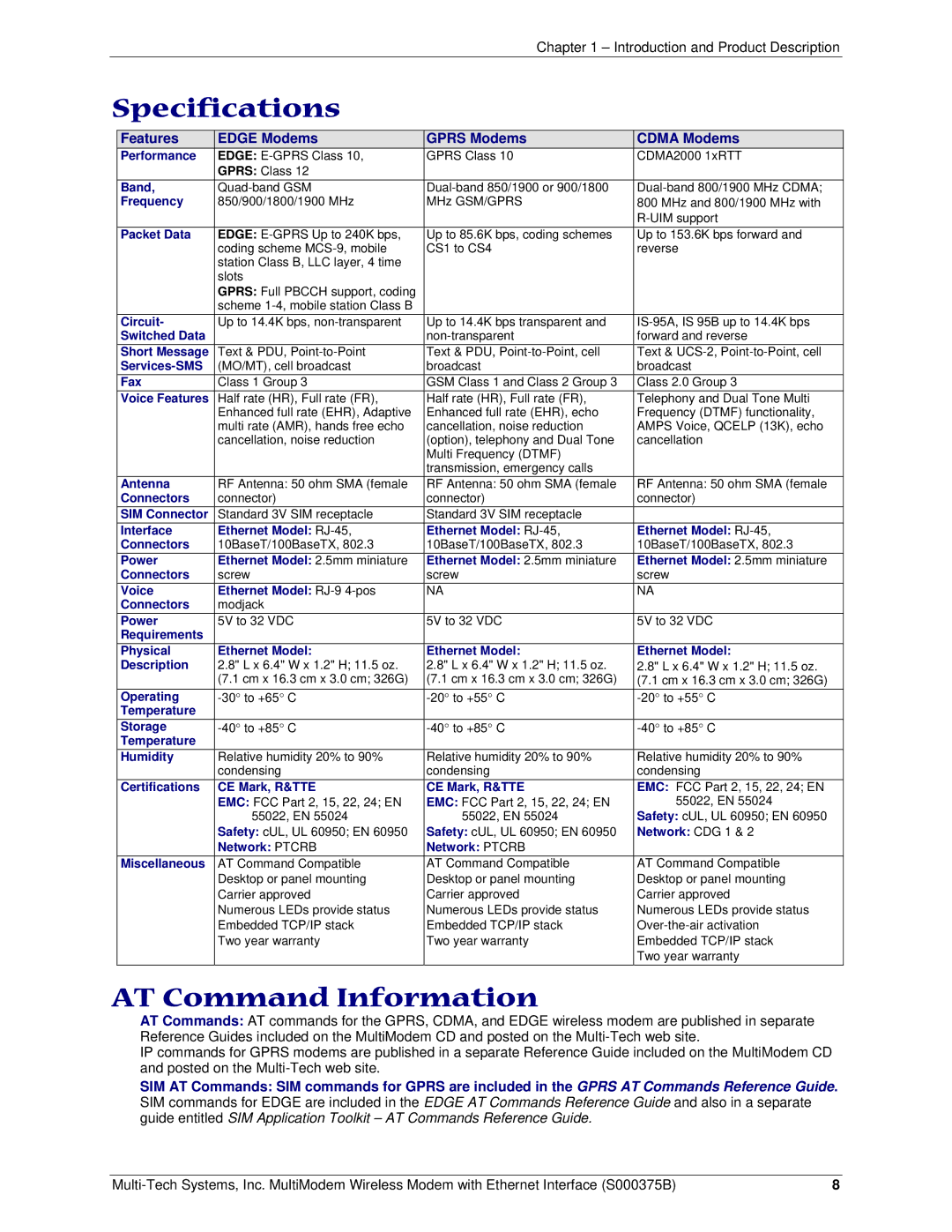 Multi-Tech Systems RJ-9, RJ-45 manual Specifications, AT Command Information, Features Edge Modems Gprs Modems Cdma Modems 