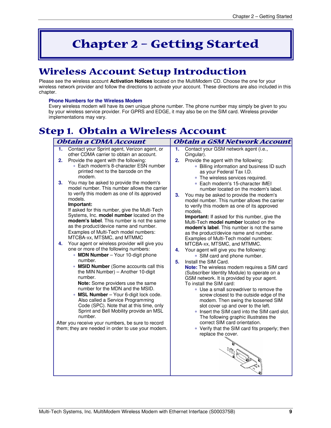 Multi-Tech Systems RJ-45, RJ-9 manual Getting Started, Wireless Account Setup Introduction, Obtain a Wireless Account 