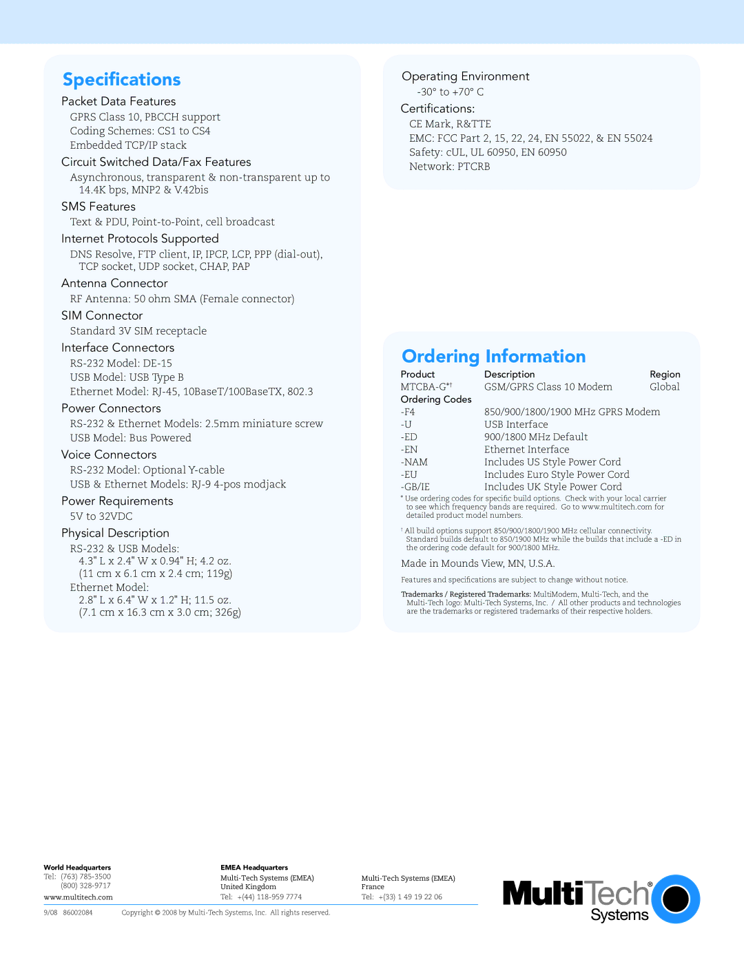 Multi-Tech Systems RS-232, DE-15 warranty Specifications, Ordering Information 