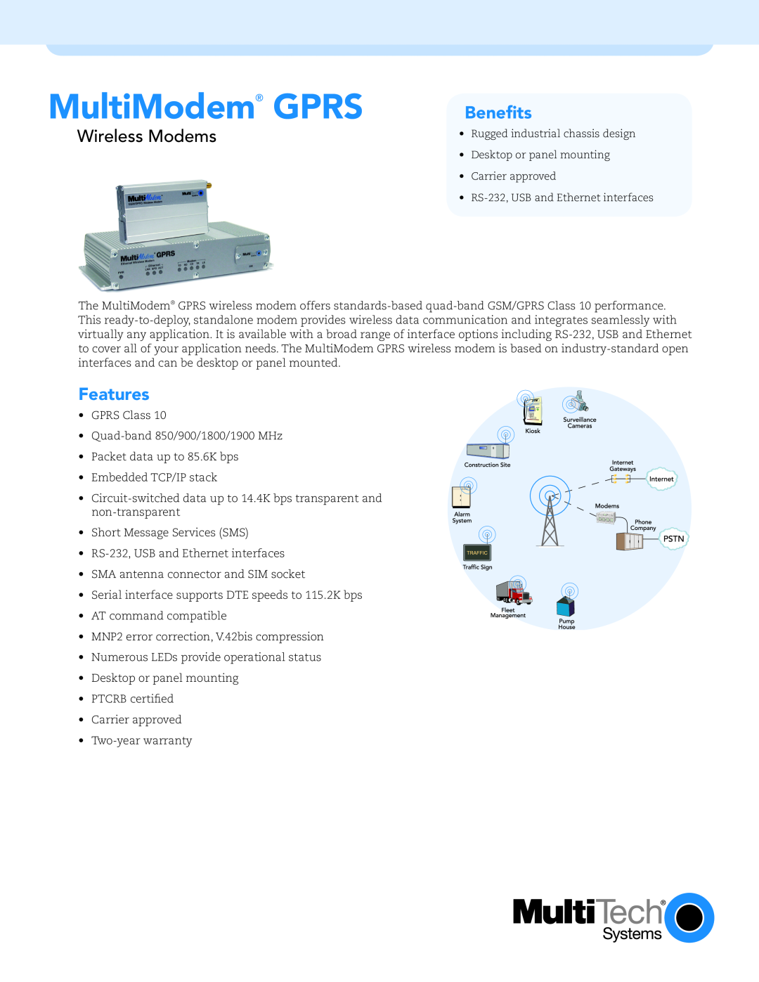 Multi-Tech Systems DE-15, RS-232 warranty MultiModem GPRS, Benefits, Wireless Modems, Features 